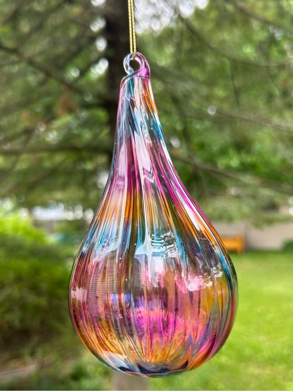 Handblown Glass Teardrop Ornament Window Suncatcher Multicolor Home Art 6.5”